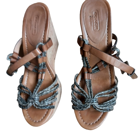 Coach Womens Strappy Brown Leather High Wedge Heels Platform Ankle Strap Size 7 - Picture 2 of 12